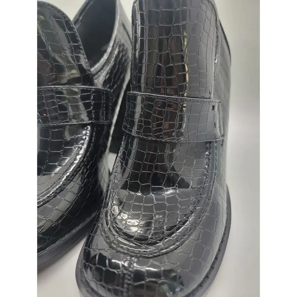 Koi Footwear Black Vegan Chunky Heel Slip-On Shoes UK 4 Snake Print Square Toe🖤
